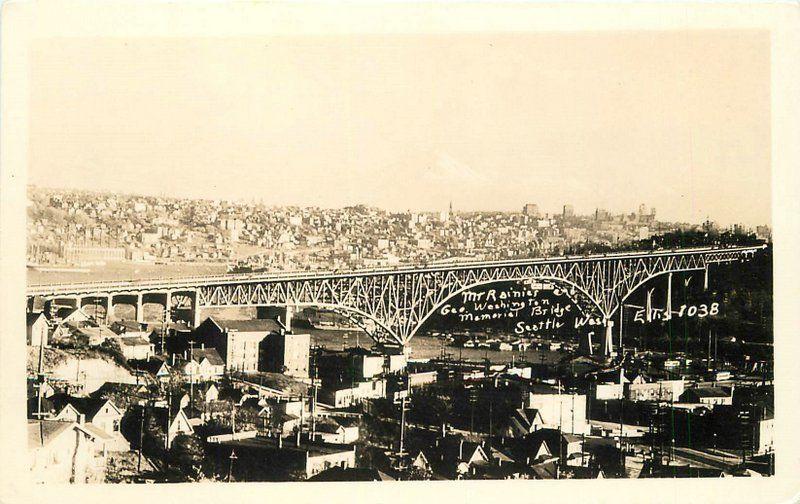 Birdseye Mt Rainier Memorial Bridge 1930s Seattle Washington RPPC 12298 Ellis