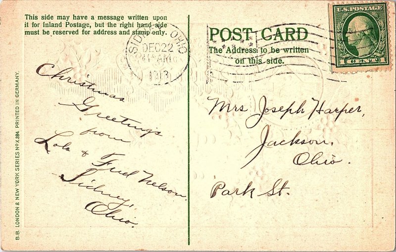 Embossed Cukoo Clock and Christmas Poem B.B. London 1913 Postcard