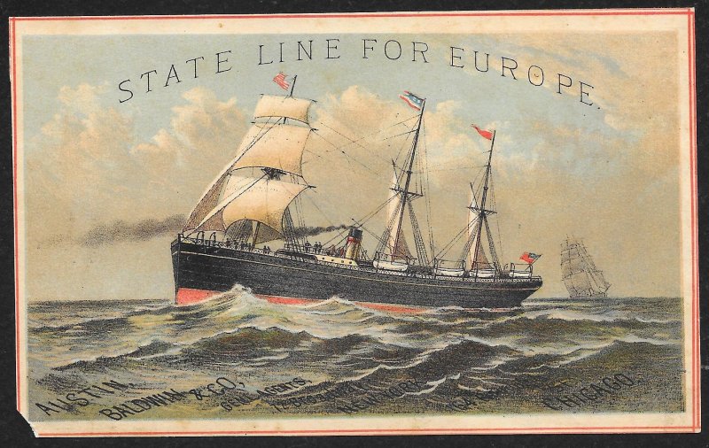 VICTORIAN TRADE CARD State Line For Europe Steamboat With Sails