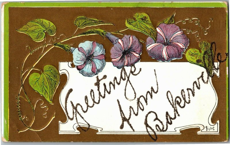 Greetings from Bakerville WI Glitter Morning Glories Vintage Postcard H35  