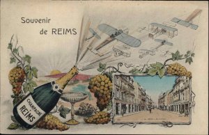 Reims France View Airplanes Shoot From Champagne Bottle fantasy Postcard