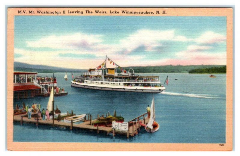 LAKE WINNIPESAUKEE, NH ~ Ship MT WASHINGTON Leaving The Weirs Linen Postcard