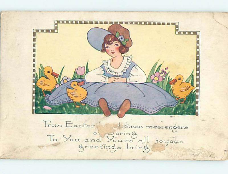 Bent Corner 1920's Easter Whitney PRETTY GIRL WITH BABY DUCKS o5613