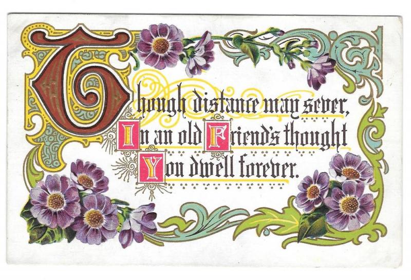 Friendship Motto Postcard Illuminated Letters Embossed Gold 