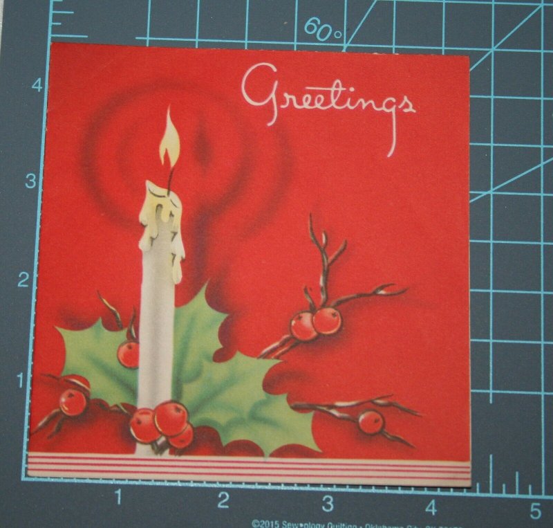 VINTAGE 1940s WWII ERA Christmas Greeting Holiday Card CANDLE & HOLLY Art Deco