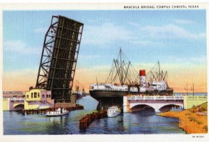 VTG 1930's Bascule Bridge Freighter Ship Corpus Christi Texas TX Linen Postcard