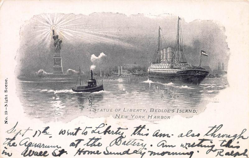 Statue of Liberty, Bedloe's Island, N.Y. Harbor, Early Postcard, Used in 1907