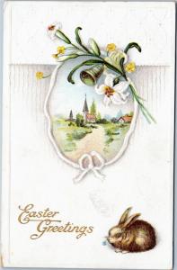 Easter Greetings - bunny with church village scene