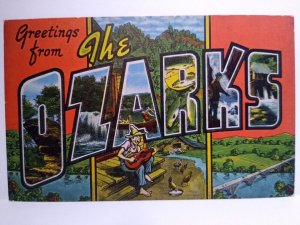 Greetings From The Ozarks Missouri Large Letter Postcard Linen Kropp Guitar Man