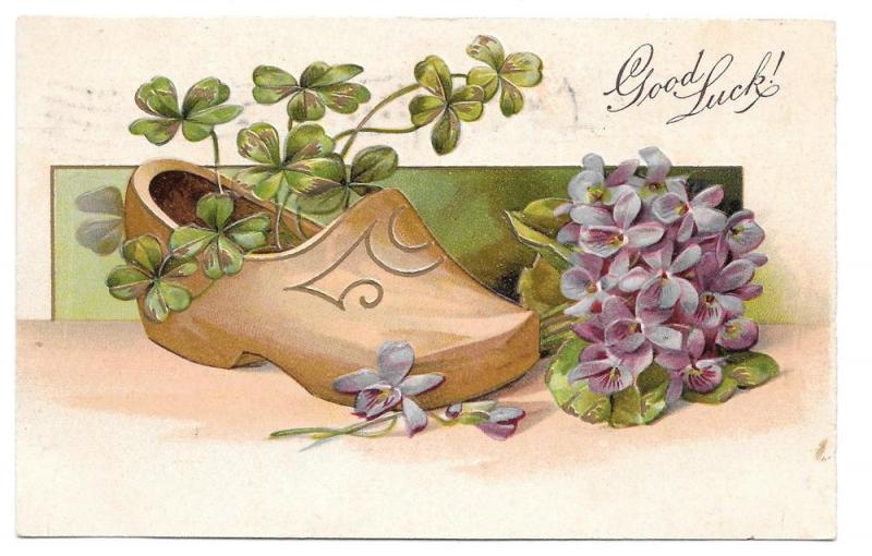 Good Luck Wooden Dutch Shoe Shamrocks Forget Me Not Postcard