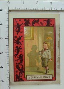 Victorian Christmas Trade Card Red Border Cherubs Cute Boy Sneaking Sweets #A