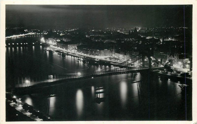 Hungary Budapest Danube bridge by night real photo postcard