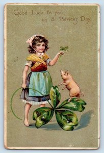 St. Patrick's Day Postcard Little Girl With Shamrock Good Luck Embossed Tuck