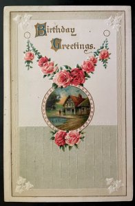 Vintage Victorian Postcard 1924 Birthday Greetings - Garland of Pink Roses