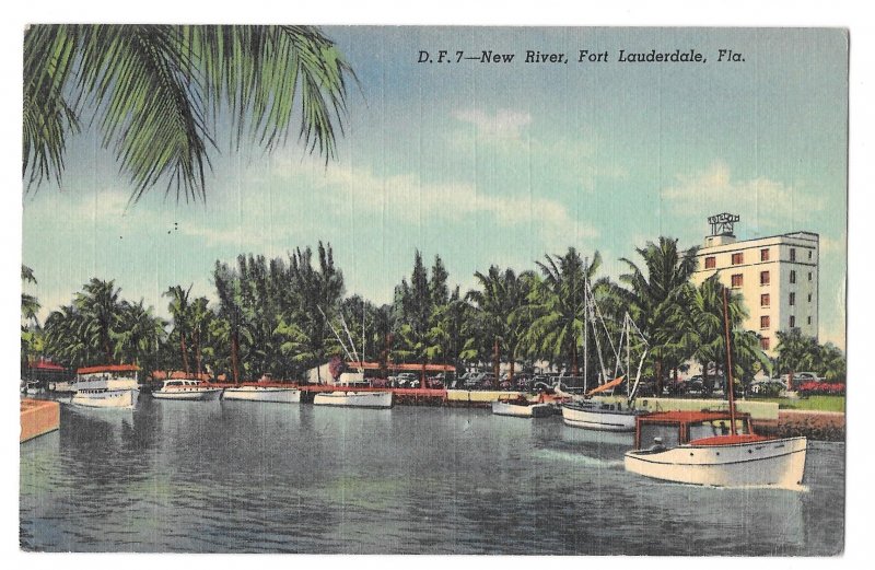 New River Fort Lauderdale FL Boats Yachts Dock Champ Carr Hotel Linen Postcard