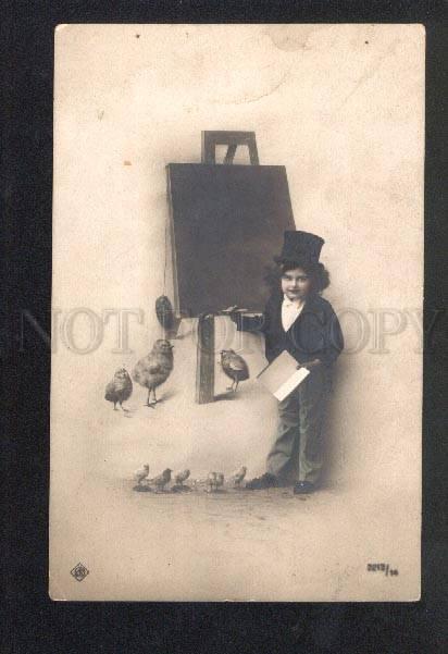 035294 Boy in TOP-HAT. Chicks. School. Vintage PHOTO