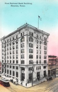 Houston Texas First National Bank Bldg., Trolley Car, Vintage Postcard U13411