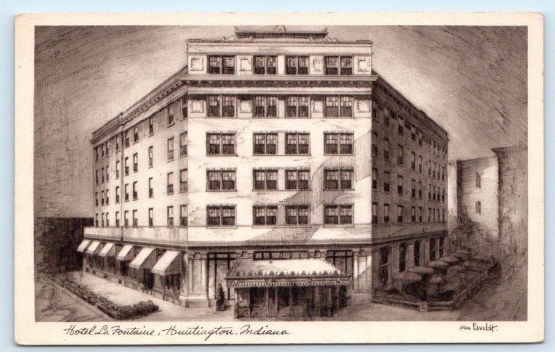 2 Postcards HUNTINGTON, IN ~ Lobby Interior HOTEL LA FONTAINE Artist Views 1940s