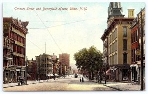 Genessee Street & Butterfield House Utica New York NY Shopping District Postcard