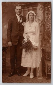 RPPC Art Deco Wedding Bride Groom Portrait Postcard C25