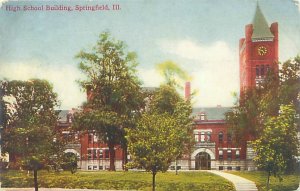 Springfield Illinois High School Building Litho Postcard Unused Red Brick Tower