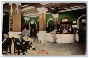 1915 Lobby Brazos Hotel & Restaurant Interior Guests Houston Texas TX Postcard