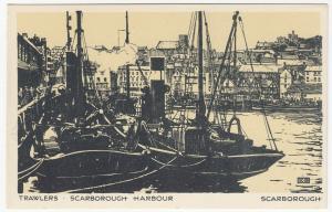 Yorkshire; Trawlers, Scarborough Harbour, Artist Drawn: KB PPC, Unused, c 50's