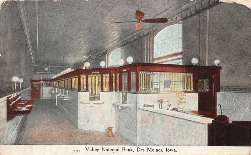 F19/ Des Moines Iowa Postcard 1909 Valley National Bank Interior