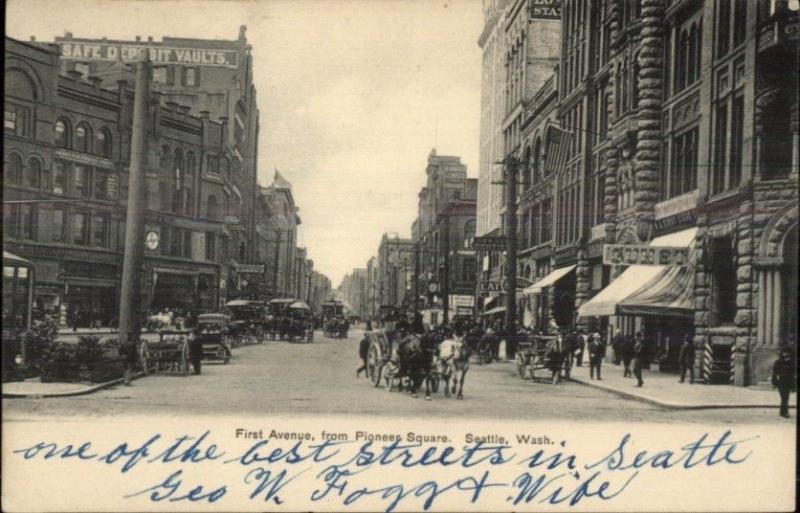 Seattle WA First Ave From Pioneer Square c1910 Postcard NICE STREET SCENE