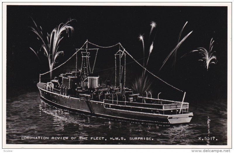 RP; Coronation Review of the Fleet, H. M. S. SURPRISE, Night Scene, Fireworks...