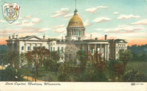 Madison Wisconsin State Capitol Bldg & State Seal Litho Postcard Unused