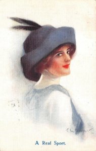 GLAMOUR FASHION WOMAN A REAL SPORT BARBER ARTIST SIGNED ENGLAND POSTCARD 1913