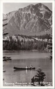 Pyramid Mountain Lac Beauvert Jasper Alberta Canoe Harry Rowed RPPC Postcard G5