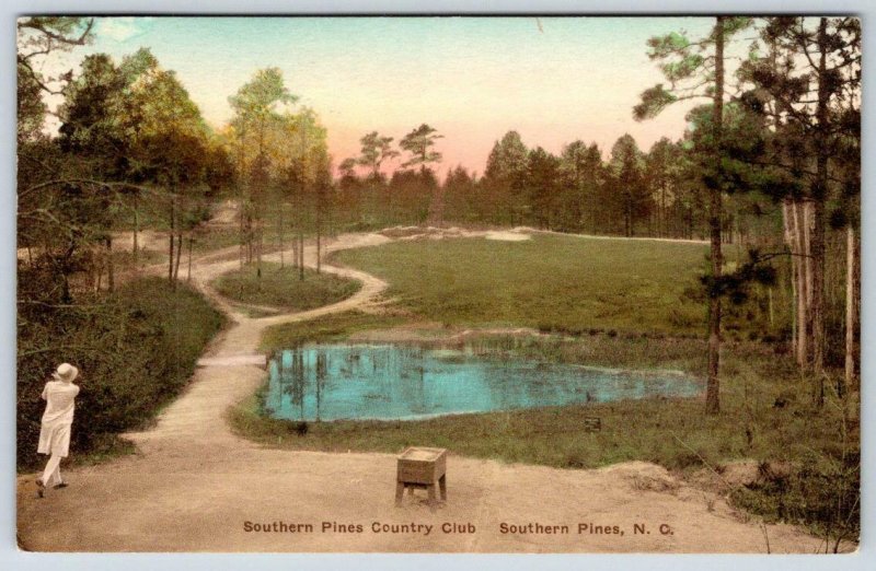 1938 SOUTHERN PINES COUNTRY CLUB NC FEMALE GOLFER HAND COLORED POSTCARD