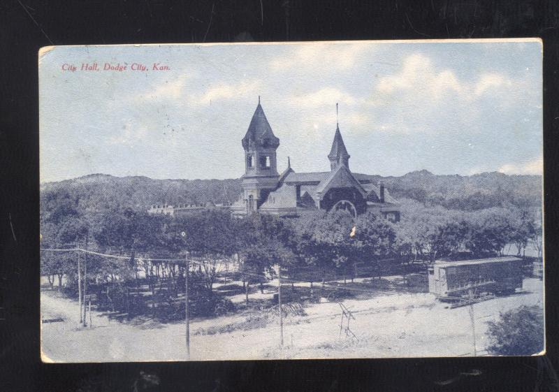 DODGE CITY KANSAS DOWNTOWN CITY HALL TROLLEY CAR VINTAGE POSTCARD