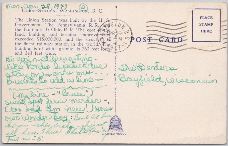 Union Station Washington DC Linen Postcard 1947 H75