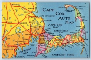 Cape Cod Massachusetts MA Postcard  Driving Distance Map c1940 Vintage Antique