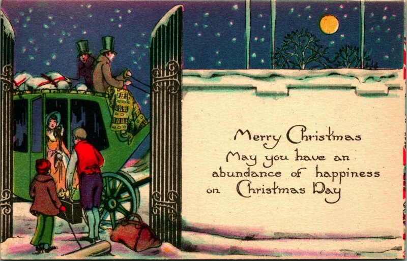 Merry Christmas Carriage Night Full Moon Unused Pink of Perfection Postcard C4