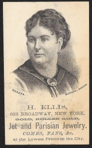 VICTORIAN TRADE CARD Ellis Jet & Parisian Jewelry Portrait Of Stern Lady