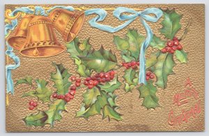 Christmas~3 Bells On Blue Ribbon Bow~Holly Berry~Gold Textured Back~Emb~Vtg PC