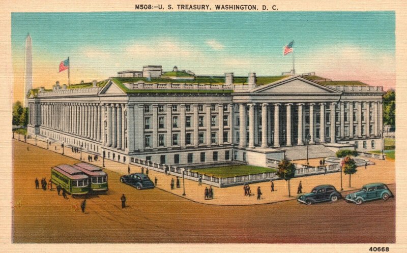 Vintage Postcard 1920's U.S. Treasury Building Washington D.C. Structure US Flag