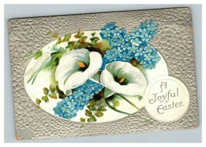 Vintage 1915 Easter Postcard Silver Face Blue Flower Cross White Flowers NICE