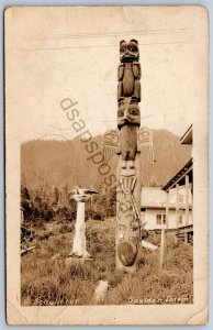 K49/ Ketchikan Alaska RPPC Postcard c1935 Saxman Totem Pole 470