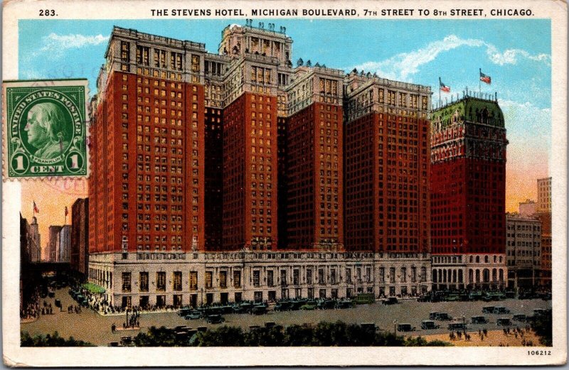 USA The Stevens Hotel Michigan Boulevard Chicago Illinois Vintage Postcard C028