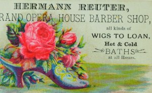 1870's-80's Hermann Reuter Grand Opera House Barber Shop Wigs To Loan Card 2 F80