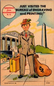 Linen Postcard Greetings from Washington D.C. Bureau of Engraving and Printing