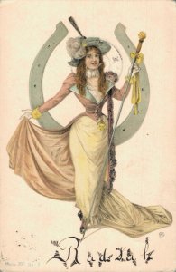 Art Nouveau Woman With Horseshoe Vintage Postcard 03.34