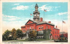 WILLIMANTIC, CT Connecticut    CITY HALL    Windham County    1934 Postcard