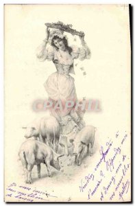 Old Postcard Fantasy Illustrator Woman Pig Pig