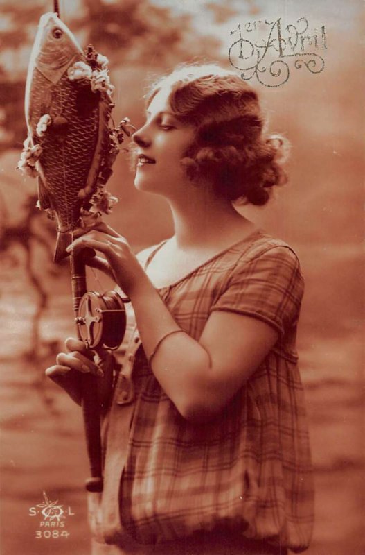 April Fools Day Greetings Lady  with Fish Real Photo Vintage Postcard AA41884